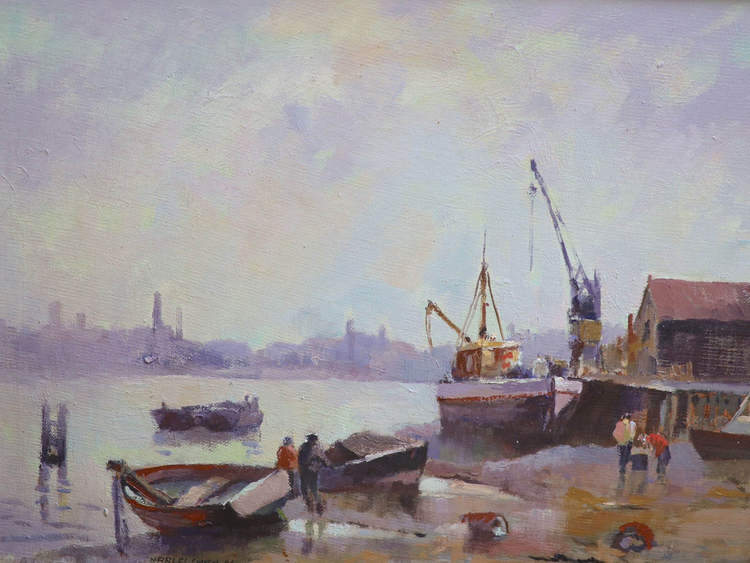 Charles Smith (Wapping Group), two oils on board, 'Bugbys, Greenwich Reach' and 'Barges at Pin Mill, Suffolk', signed 35 x 45cm